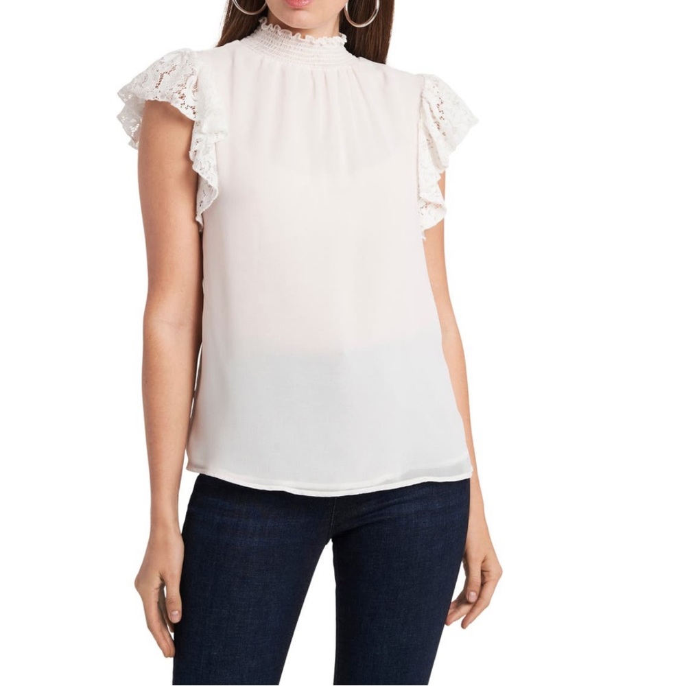 1.STATE Flutter Lace Sleeve Smocked Top In Ivory Cream Color- New With Tag